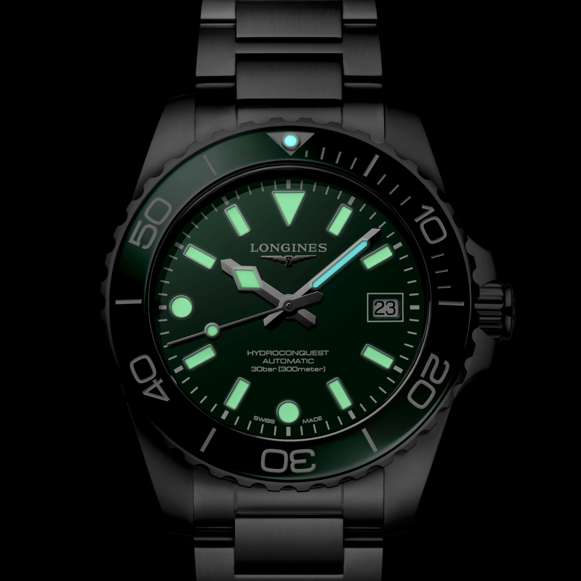 Longines HydroConquest automatic green dial steel bracelet 42 mm