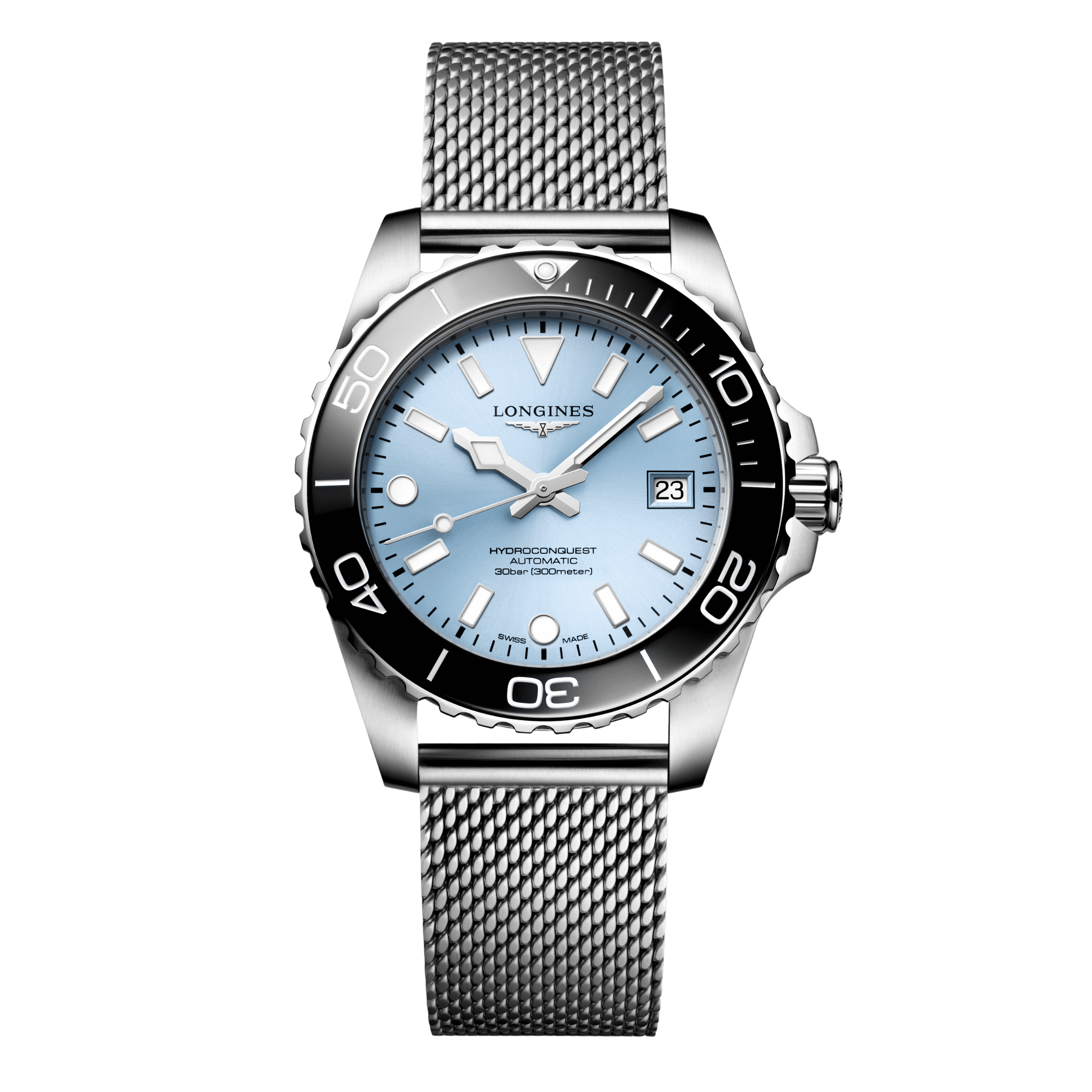 Montre Longines HydroConquest automatique cadran bleu glacier bracelet acier milanais 39 mm