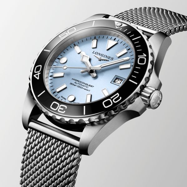 Montre Longines HydroConquest automatique cadran bleu glacier bracelet acier milanais 39 mm