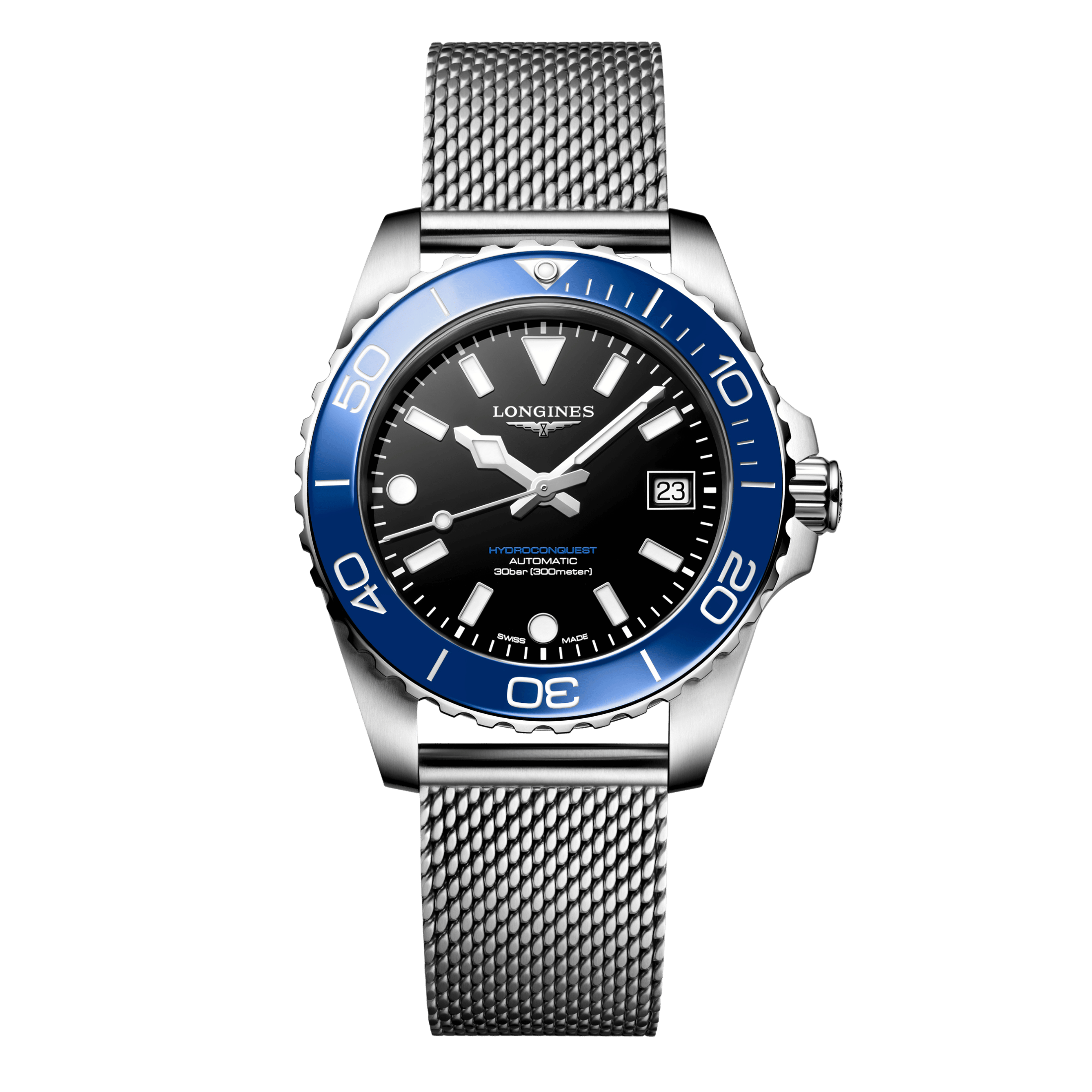 Montre Longines HydroConquest automatique cadran noir bracelet acier milanais 39 mm