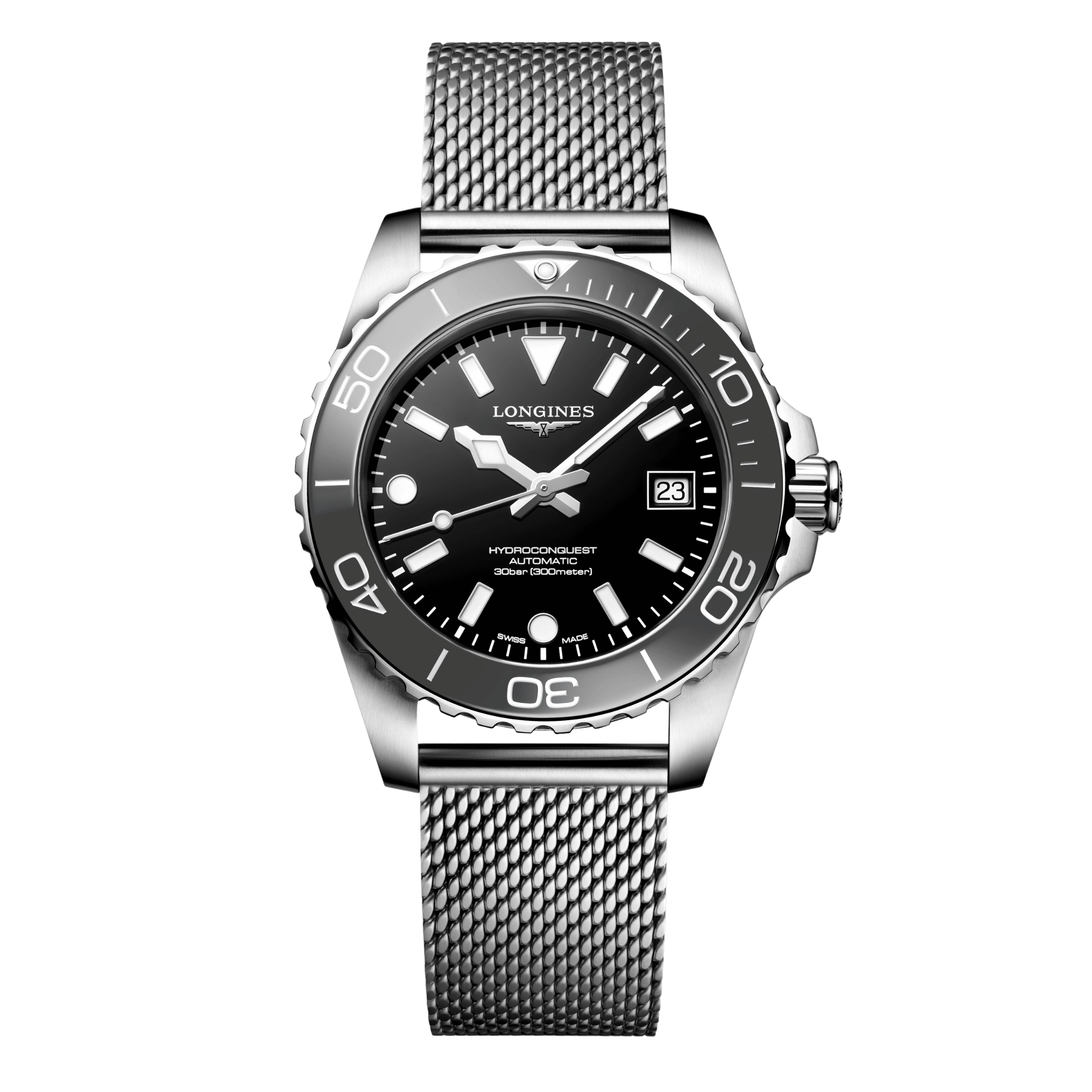 Montre Longines HydroConquest automatique cadran noir bracelet acier milanais 39 mm