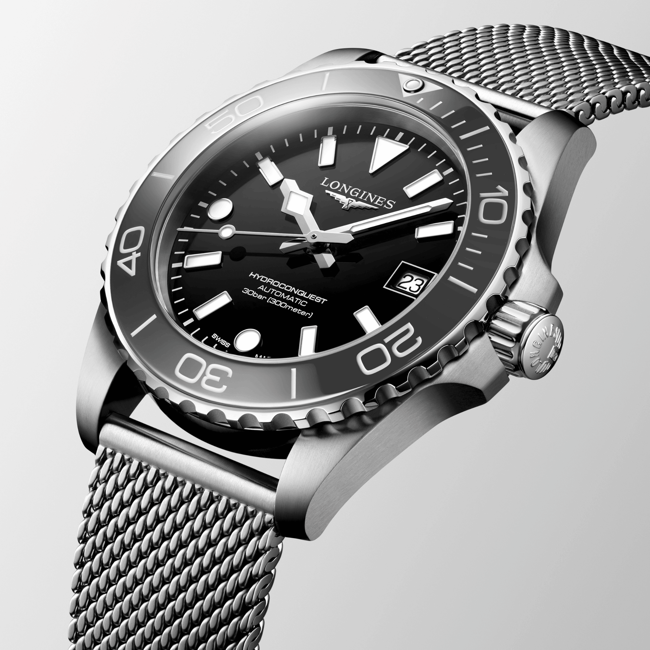 Montre Longines HydroConquest automatique cadran noir bracelet acier milanais 39 mm