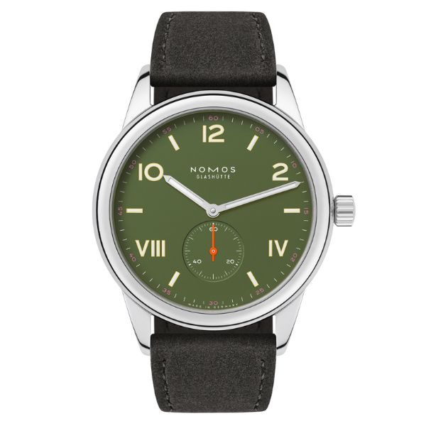 Montre NOMOS Club Campus All Olive mécanique fond acier cadran vert bracelet velours anthracite 36 mm