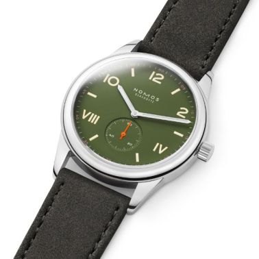 NOMOS Club Campus All Olive Mechanical Watch with Steel Case, Green Dial, and Anthracite Velvet Strap, 38 mm