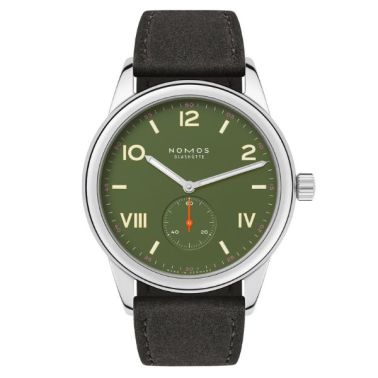 NOMOS Club Campus All Olive Mechanical Watch with Steel Case, Green Dial, and Anthracite Velvet Strap, 38 mm