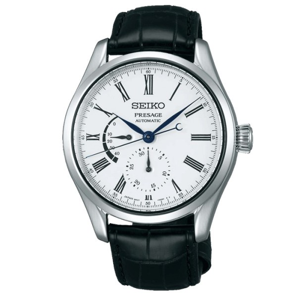 Montre Seiko Présage automatique cadran blanc chiffres romains bracelet cuir noir 40,5 mm