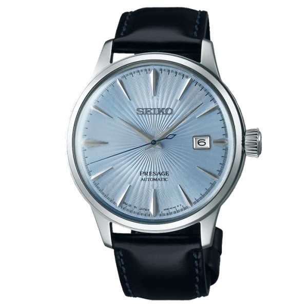 Montre Seiko Présage automatique cadran bleu clair soleillé bracelet cuir noir 40,5 mm