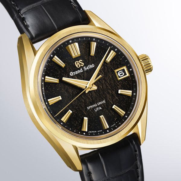 Grand Seiko Evolution 9 Spring Drive U.F.A "Ice Forest at Dawn" yellow gold black dial leather strap 37 mm