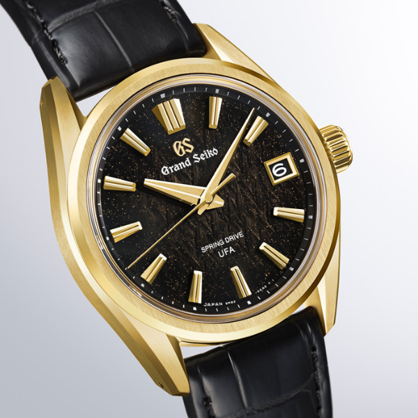 Grand Seiko Evolution 9 Spring Drive U.F.A "Ice Forest at Dawn" yellow gold black dial leather strap 37 mm