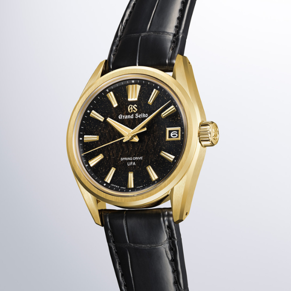 Grand Seiko Evolution 9 Spring Drive U.F.A "Ice Forest at Dawn" yellow gold black dial leather strap 37 mm