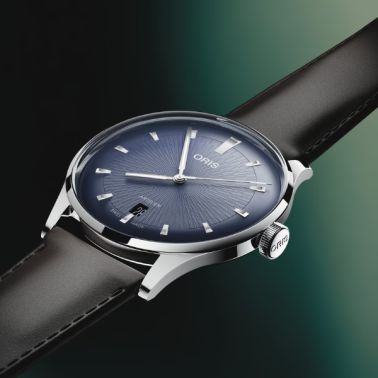 Montre Oris Artelier Date automatique cadran bleu bracelet cuir 38 mm