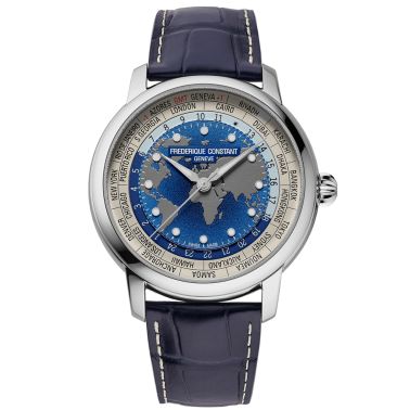 Montre Frédérique Constant Classics Worldtimer Manufacture automatique cadran bleu bracelet cuir 40 mm