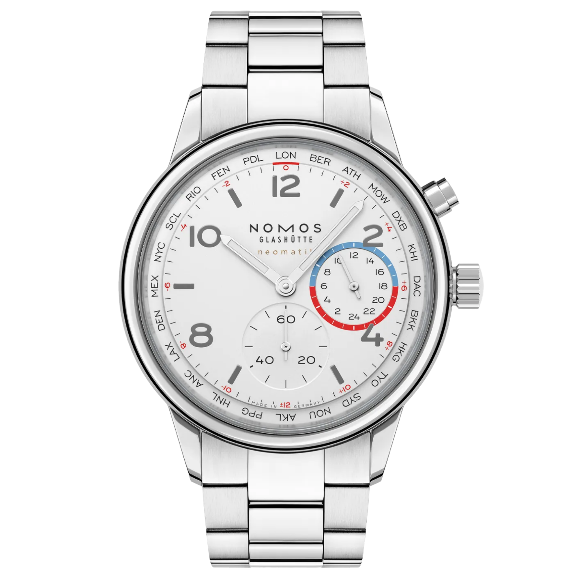 Montre Nomos Club Sport Neomatik Worldtimer Mondial cadran argent bracelet acier 40 mm