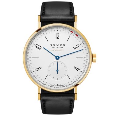 Montre Nomos Tangente Neomatik 38 Update automatique Gold fond saphir cadran argent bracelet cuir noir 38,5 mm