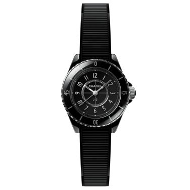 Montre CHANEL J12 quartz céramique cadran noir bracelet caoutchouc 28 mm
