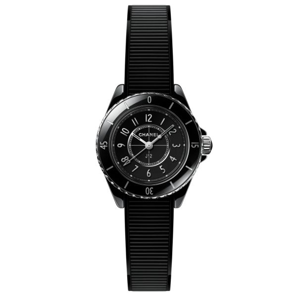 CHANEL J12 watch, black dial, rubber strap, 28 mm