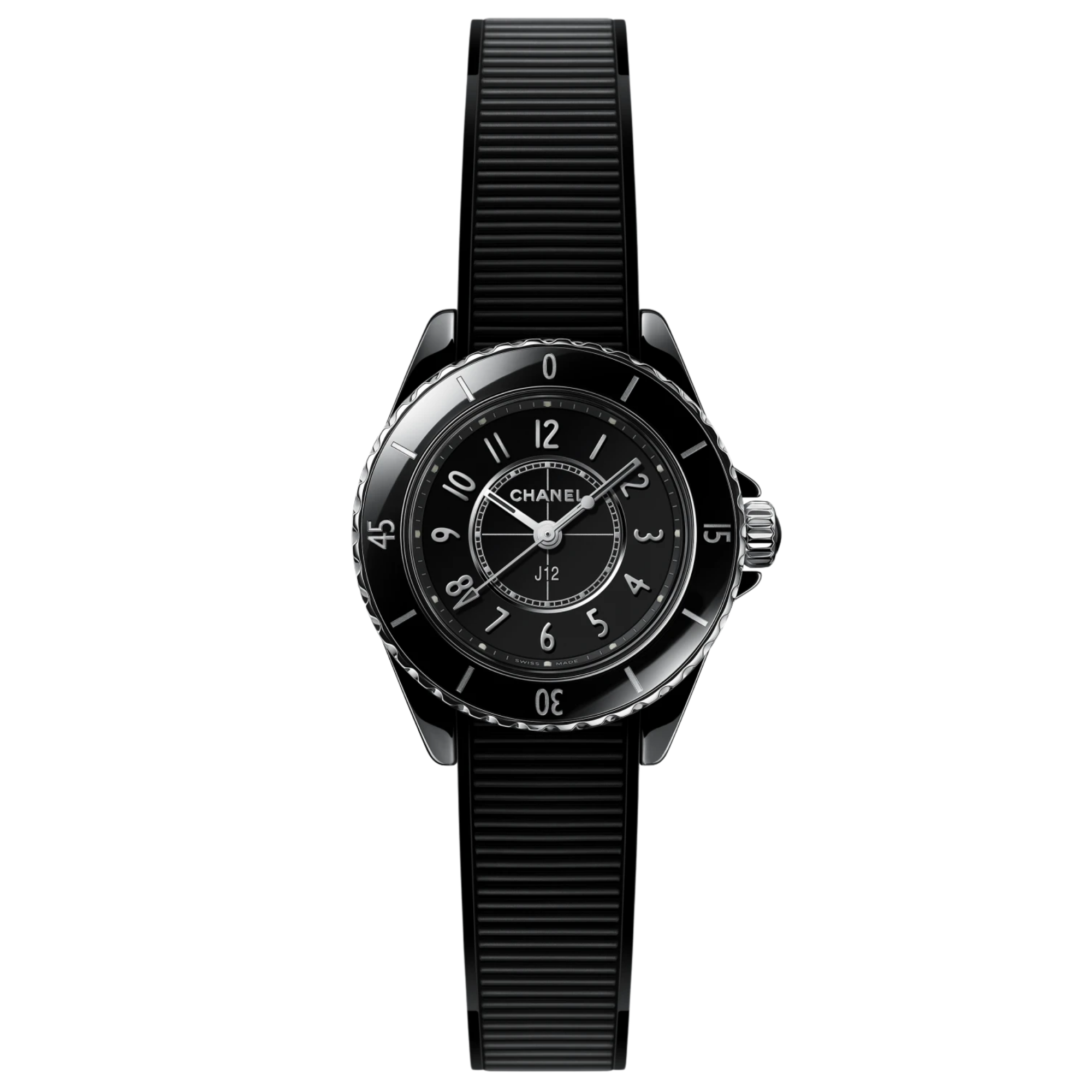 Montre CHANEL J12 quartz céramique cadran noir bracelet caoutchouc 28 mm