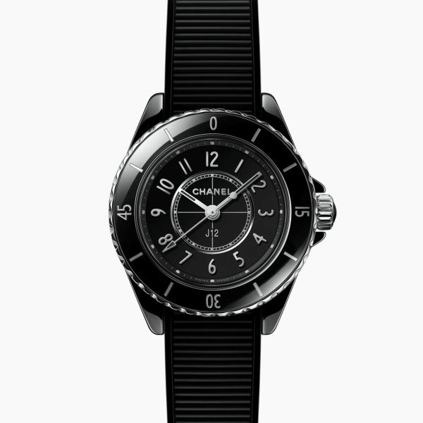 CHANEL J12 watch, black dial, rubber strap, 28 mm