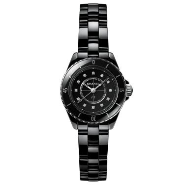 CHANEL J12 Quartz Watch with Diamond Indexes, Ceramic Case, Black Dial, 28 mm