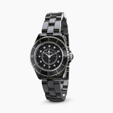 Montre CHANEL J12 quartz index diamants céramique cadran noir 28 mm