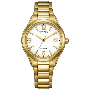 Montre Citizen Trendy Colors Eco-Drive cadran blanc bracelet acier PVD or jaune 33,5 mm