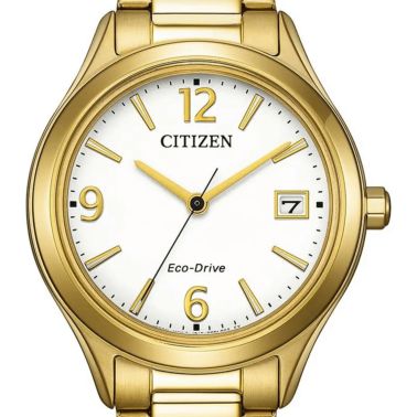 Montre Citizen Trendy Colors Eco-Drive cadran blanc bracelet acier PVD or jaune 33,5 mm