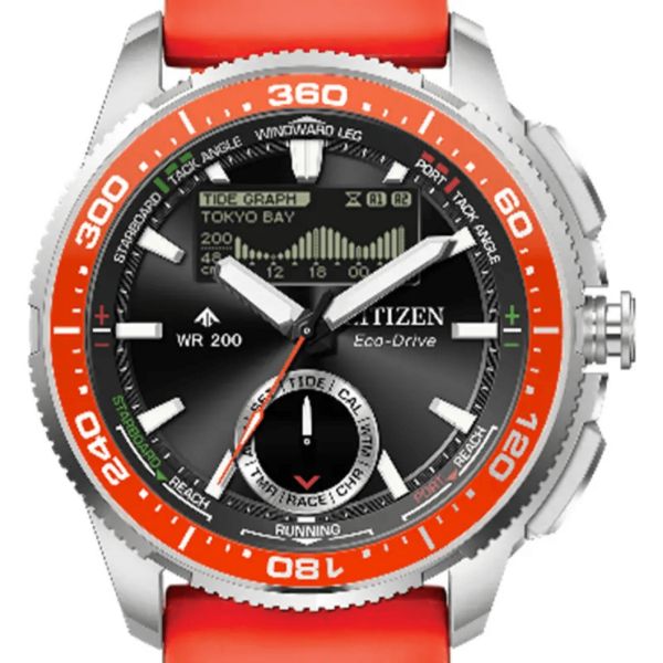 Citizen Promaster Marine Wave Tracker Eco-Drive black dial rubber orange strap 42 mm