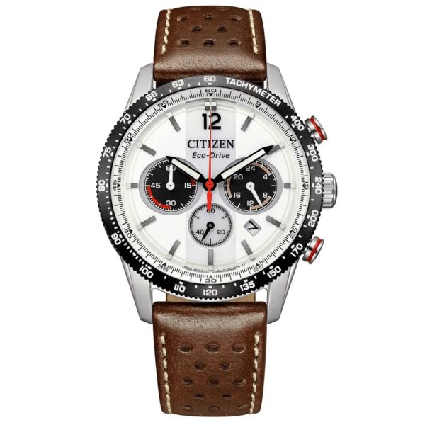 Citizen Vintage Racing Eco-Drive white dial brown leather strap 39,5 mm