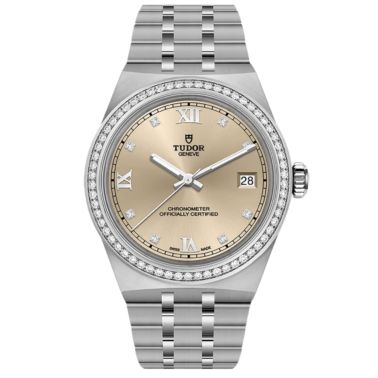 Montre Tudor Royal automatique lunette sertie diamants cadran beige bracelet acier 36 mm