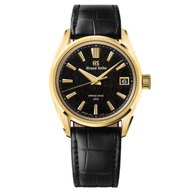 Grand Seiko Evolution 9 Spring Drive U.F.A "Ice Forest at Dawn" yellow gold black dial leather strap 37 mm