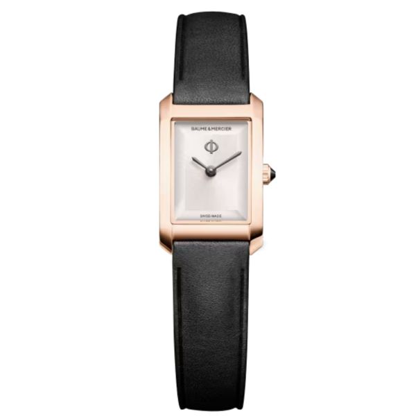 Montre Baume et Mercier Hampton quartz cadran argenté bracelet cuir noir 28 x 18 mm