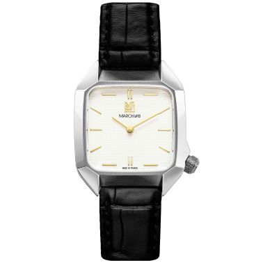 Montre March LA.B AM2 XS Mécanique Shelter alligator cadran blanc bracelet cuir noir 32 mm