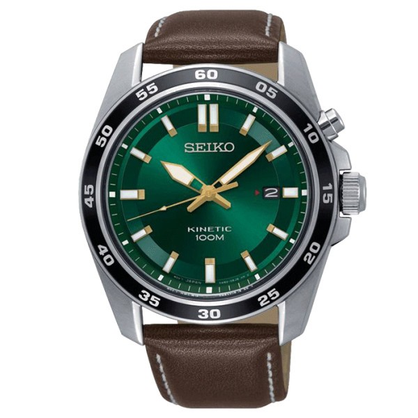Montre Seiko Sport kinetic acier cadran vert bracelet cuir brun 42,6 mm