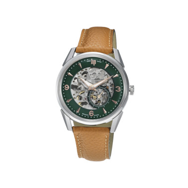 Montre Lip Himalaya Squelette automatique cadran vert mat bracelet cuir camel 40 mm