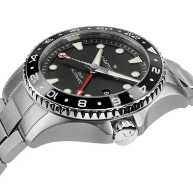 Montre Hamilton Khaki Navy Scuba automatique GMT cadran noir bracelet acier 43 mm
