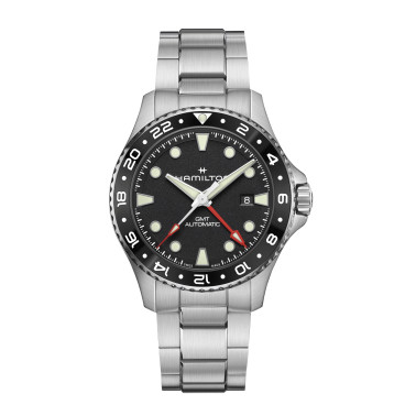 Montre Hamilton Khaki Navy Scuba automatique GMT cadran noir bracelet acier 43 mm