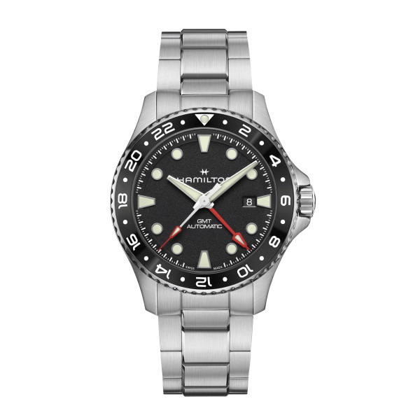 Montre Hamilton Khaki Navy Scuba automatique GMT cadran noir bracelet acier 43 mm