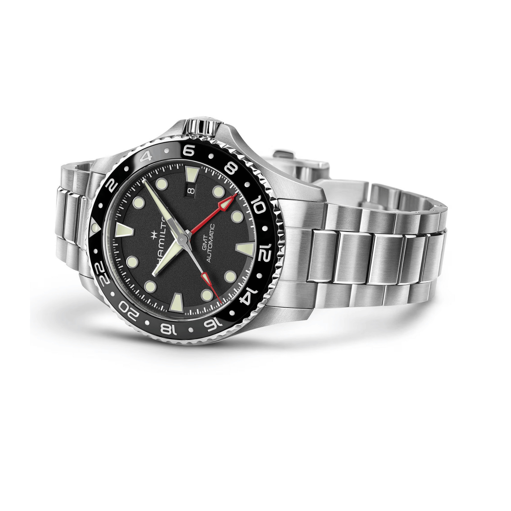 Montre Hamilton Khaki Navy Scuba automatique GMT cadran noir bracelet acier 43 mm