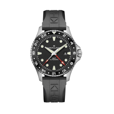 Montre Hamilton Khaki Navy Scuba automatique GMT cadran noir bracelet caoutchouc noir 43 mm