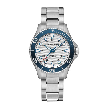 Montre Hamilton Khaki Navy Scuba automatique cadran blanc lunette bleue bracelet acier 40 mm