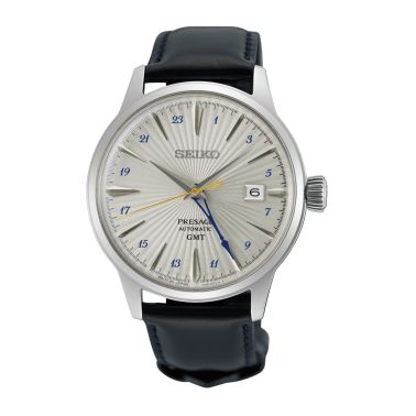 Montre Seiko Presage Cocktail Time "Silver Bullet" automatique GMT cadran argent bracelet cuir 40,5 mm