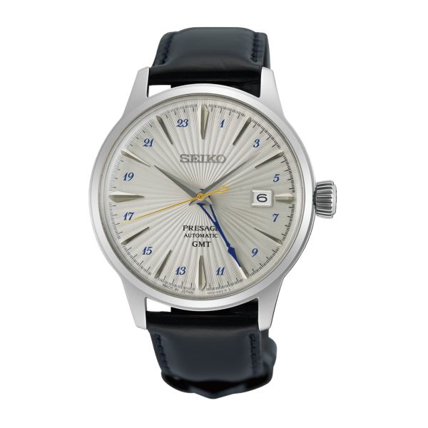 Montre Seiko Presage Cocktail Time "Silver Bullet" automatique GMT cadran argent bracelet cuir 40,5 mm