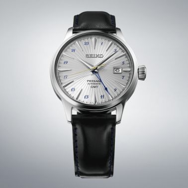 Montre Seiko Presage Cocktail Time "Silver Bullet" automatique GMT cadran argent bracelet cuir 40,5 mm