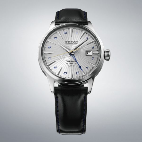 Montre Seiko Presage Cocktail Time "Silver Bullet" automatique GMT cadran argent bracelet cuir 40,5 mm