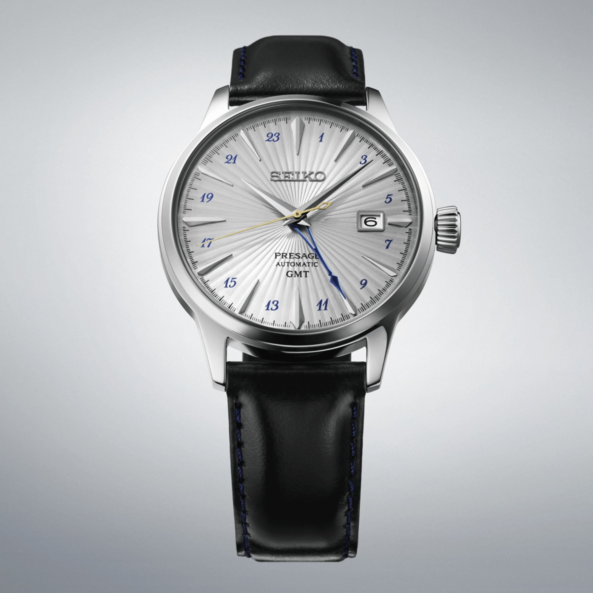Montre Seiko Presage Cocktail Time "Silver Bullet" automatique GMT cadran argent bracelet cuir 40,5 mm