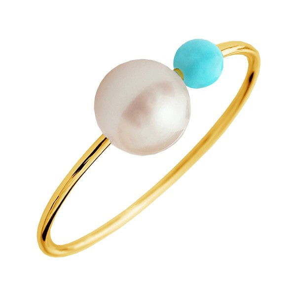 Bague Claverin Rosary en or jaune perles blanche et turquoise