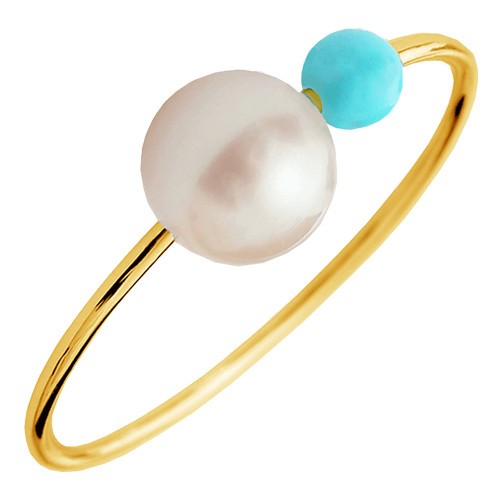 Bague Claverin Rosary en or jaune perles blanche et turquoise