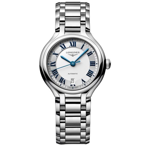 Longines PrimaLuna automatic watch with silver dial and 30 mm steel bracelet