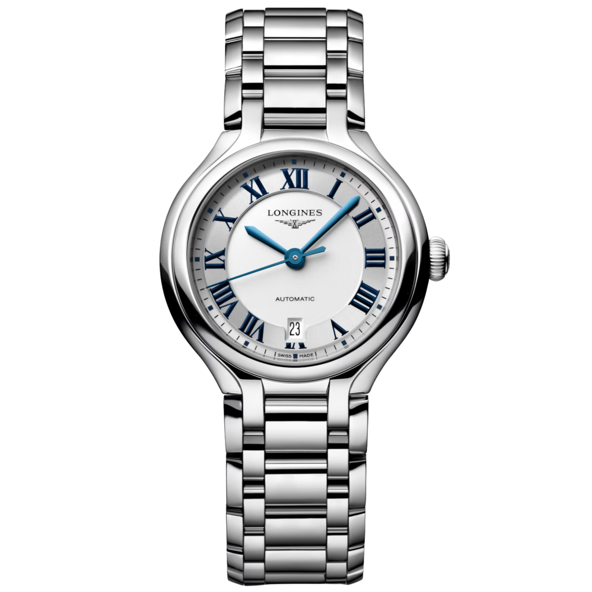 Longines PrimaLuna automatic watch with silver dial and 30 mm steel bracelet