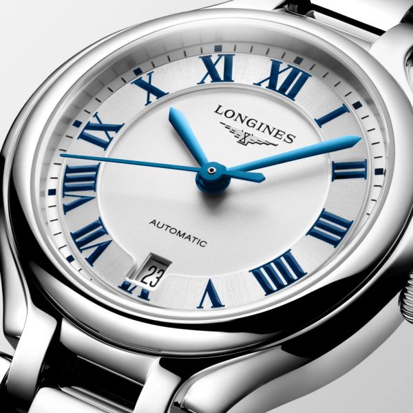 Longines PrimaLuna automatic watch with silver dial and 30 mm steel bracelet
